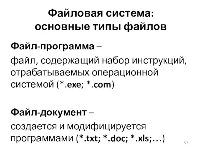 Файловая система: основные типы файлов Файл-программа – файл, содержащий набор