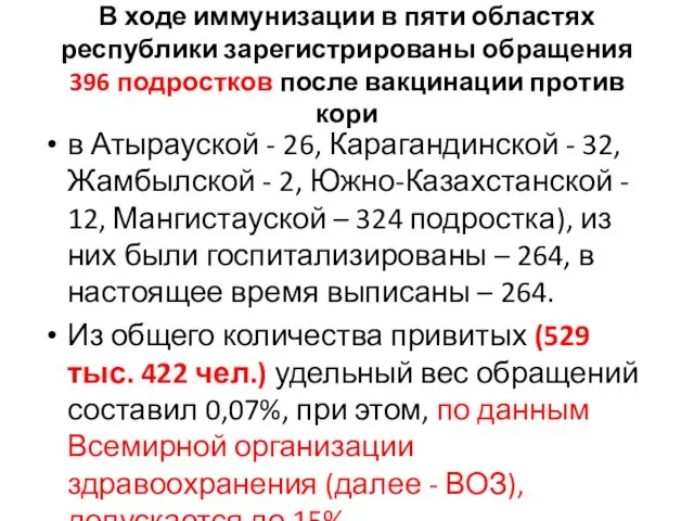 В ходе иммунизации в пяти областях республики зарегистрированы обращения 396