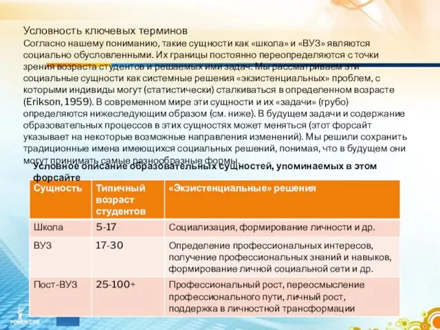 Условность ключевых терминов Согласно нашему пониманию, такие сущности как «школа»