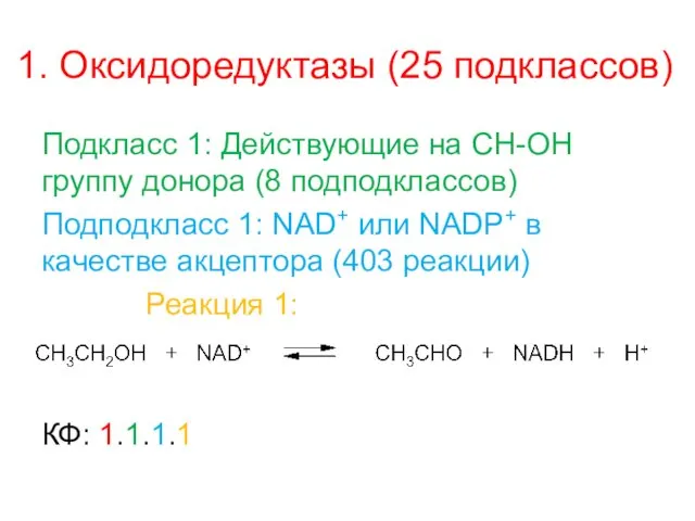 1. Оксидоредуктазы (25 подклассов) Подкласс 1: Действующие на CH-OH группу донора (8 подподклассов)