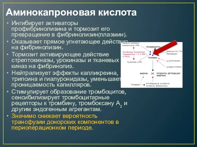 Аминокапроновая кислота Ингибирует активаторы профибринолизина и тормозит его превращение в