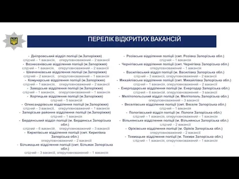 ПЕРЕЛІК ВІДКРИТИХ ВАКАНСІЙ - Розівське відділення поліції (смт. Розівка Запорізька