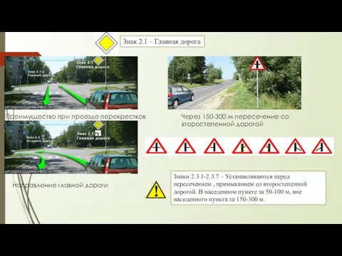 Знак 2.1 – Главная дорога Преимущество при проезде перекрестков Направление