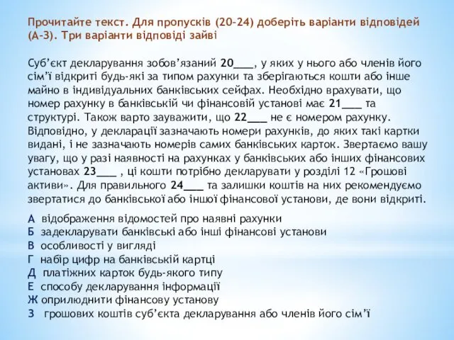 Прочитайте текст. Для пропусків (20–24) доберіть варіанти відповідей (А–З). Три