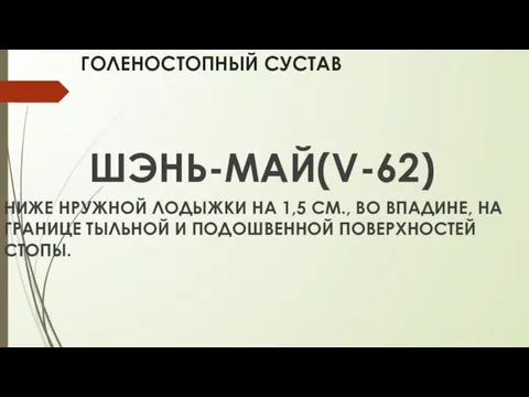 ГОЛЕНОСТОПНЫЙ СУСТАВ ШЭНЬ-МАЙ(V-62) НИЖЕ НРУЖНОЙ ЛОДЫЖКИ НА 1,5 СМ., ВО