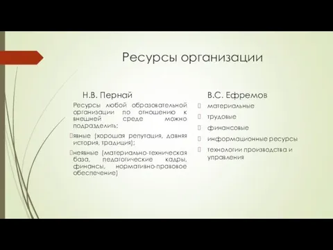 Ресурсы организации Н.В. Пернай Ресурсы любой образовательной организации по отношению