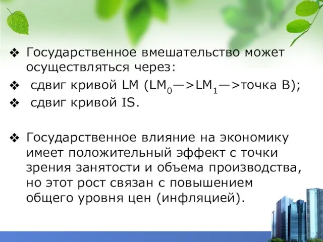 Государственное вмешательство может осуществляться через: сдвиг кривой LM (LM0—>LM1—>точка В);