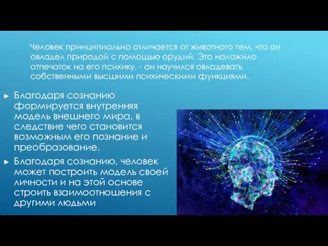 Благодаря сознанию формируется внутренняя модель внешнего мира, в следствие чего