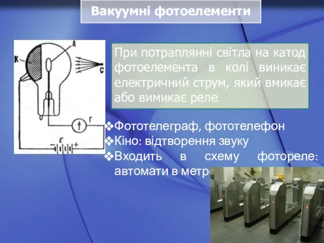 Фототелеграф, фототелефон Кіно: відтворення звуку Входить в схему фотореле: автомати