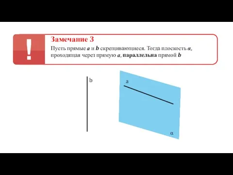 Замечание 3 Пусть прямые а и b скрещивающиеся. Тогда плоскость α, проходящая через