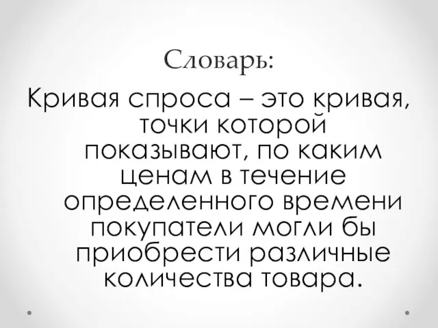 Словарь: Кривая спроса – это кривая, точки которой показывают, по каким ценам в