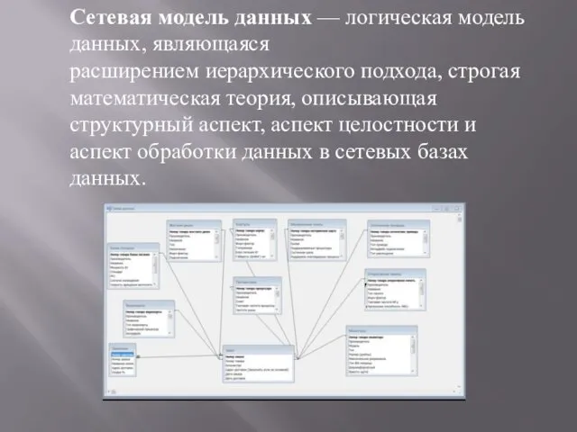 Сетевая модель данных — логическая модель данных, являющаяся расширением иерархического