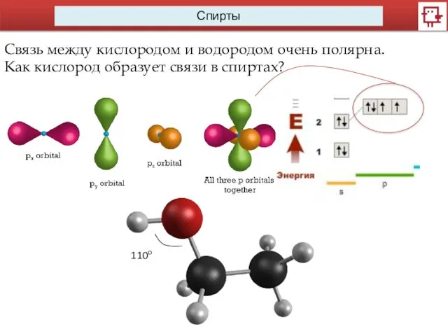 Спирты Связь между кислородом и водородом очень полярна. Как кислород образует связи в спиртах? 110о