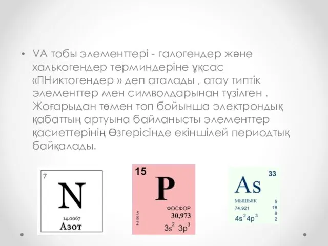 VA тобы элементтері - галогендер және халькогендер терминдеріне ұқсас «ПНиктогендер