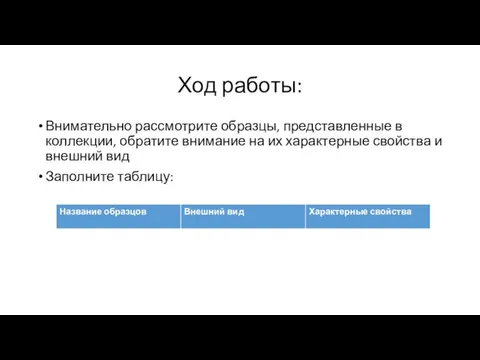 Ход работы: Внимательно рассмотрите образцы, представленные в коллекции, обратите внимание