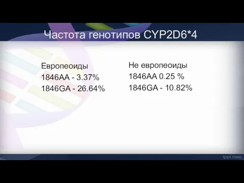 Частота генотипов CYP2D6*4 Европеоиды 1846AA - 3.37% 1846GA - 26.64%