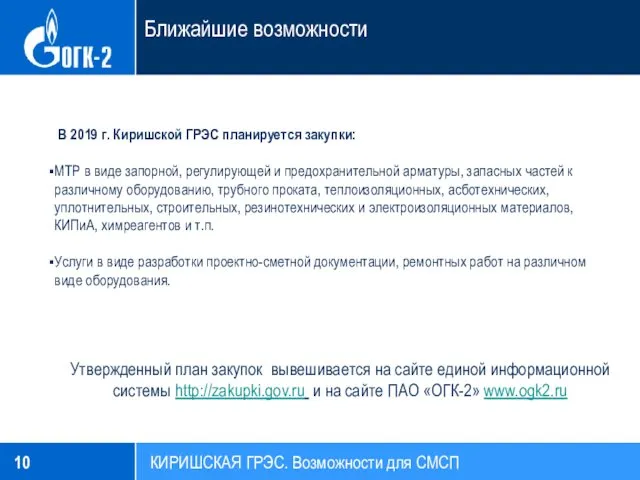 Ближайшие возможности КИРИШСКАЯ ГРЭС. Возможности для СМСП Утвержденный план закупок