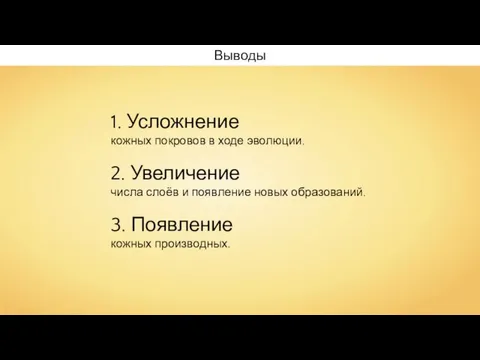 Выводы 1. Усложнение кожных покровов в ходе эволюции. 2. Увеличение