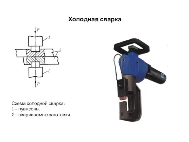 Холодная сварка Схема холодной сварки: 1 – пуансоны, 2 – свариваемые заготовки