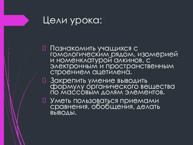 Цели урока: Познакомить учащихся с гомологическим рядом, изомерией и номенклатурой