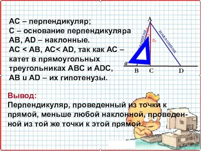 наклонная перпендикуляр наклонная АС – перпендикуляр; С – основание перпендикуляра