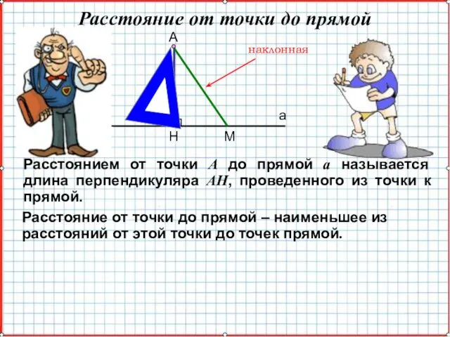 Расстоянием от точки A до прямой a называется длина перпендикуляра