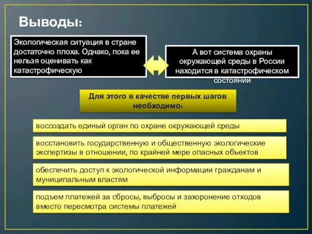 Выводы: Экологическая ситуация в стране достаточно плоха. Однако, пока ее