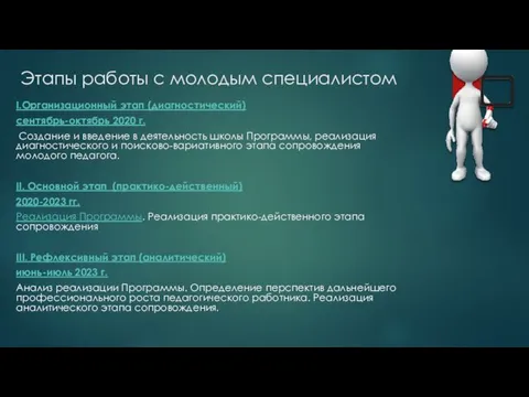 Этапы работы с молодым специалистом I.Организационный этап (диагностический) сентябрь-октябрь 2020