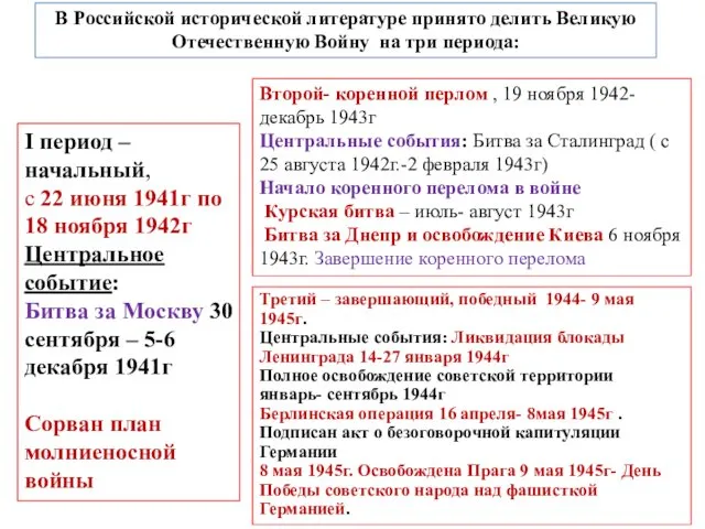 В Российской исторической литературе принято делить Великую Отечественную Войну на три периода: I