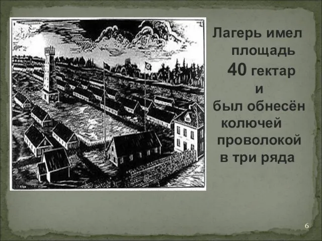 Лагерь имел площадь 40 гектар и был обнесён колючей проволокой в три ряда