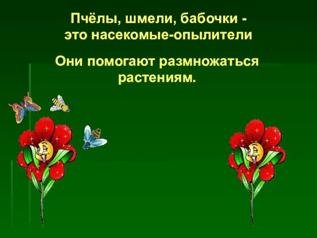 Пчёлы, шмели, бабочки - это насекомые-опылители Они помогают размножаться растениям.