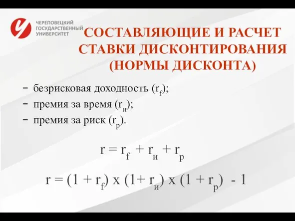 СОСТАВЛЯЮЩИЕ И РАСЧЕТ СТАВКИ ДИСКОНТИРОВАНИЯ (НОРМЫ ДИСКОНТА) безрисковая доходность (rf);