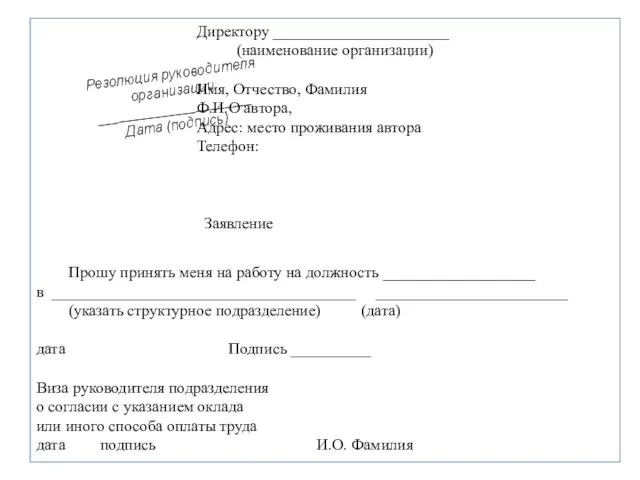 Директору ______________________ (наименование организации) Имя, Отчество, Фамилия Ф.И.О автора, Адрес: