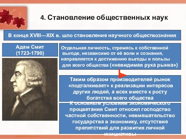 4. Становление общественных наук Адам Смит (1723-1790) В конце XVIII—XIX