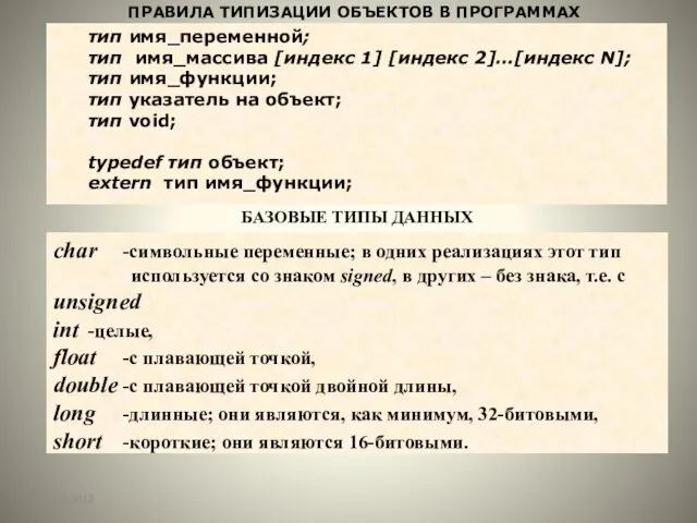 25.09.2012 тип имя_переменной; тип имя_массива [индекс 1] [индекс 2]…[индекс N];