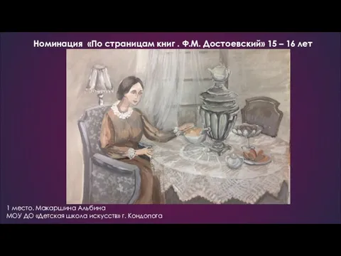Номинация «По страницам книг . Ф.М. Достоевский» 15 – 16 лет 1 место.