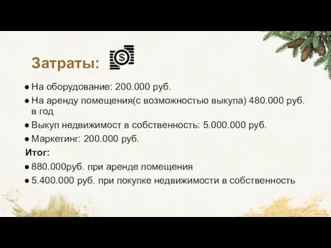 Затраты: На оборудование: 200.000 руб. На аренду помещения(с возможностью выкупа)