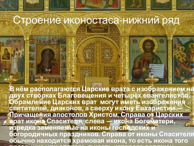 Строение иконостаса-нижний ряд В нём располагаются Царские врата с изображением на двух створках