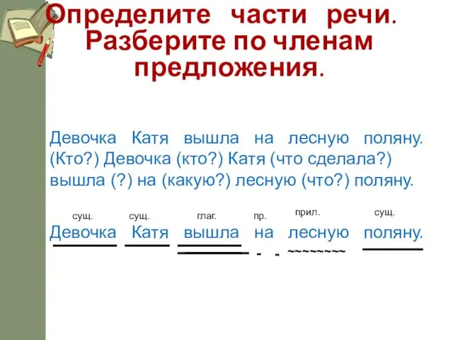 Определите части речи. Разберите по членам предложения. Девочка Катя вышла