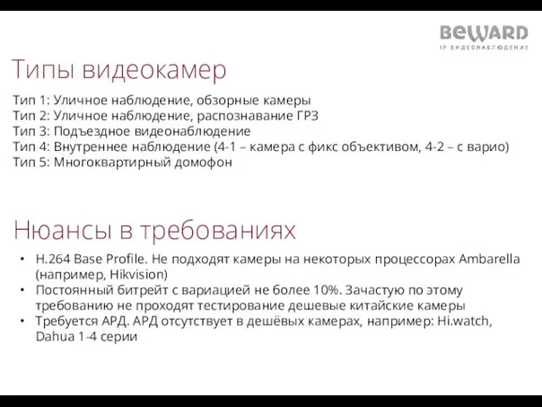 Типы видеокамер Тип 1: Уличное наблюдение, обзорные камеры Тип 2: