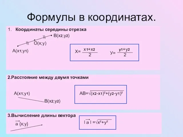 Формулы в координатах. • • 2.Расстояние между двумя точками А(х1;у1) В(х2;у2) 3.Вычисление длины вектора