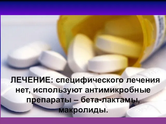 ЛЕЧЕНИЕ: специфического лечения нет, используют антимикробные препараты – бета-лактамы, макролиды.