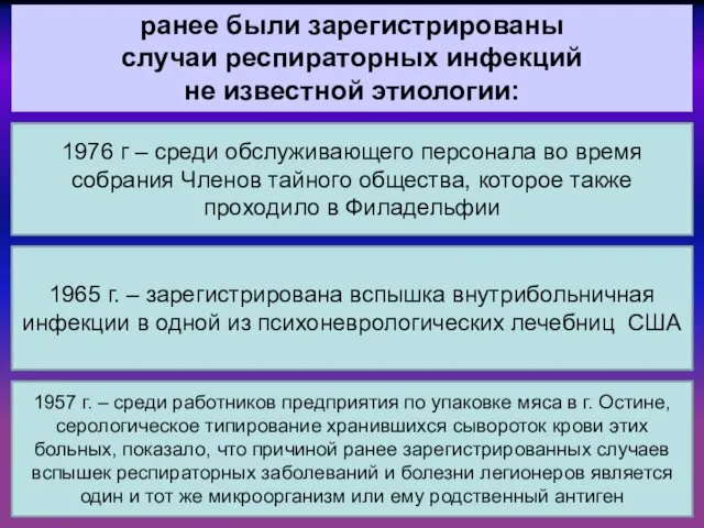 ранее были зарегистрированы случаи респираторных инфекций не известной этиологии: 1976