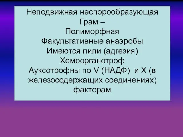 Неподвижная неспорообразующая Грам – Полиморфная Факультативные анаэробы Имеются пили (адгезия)