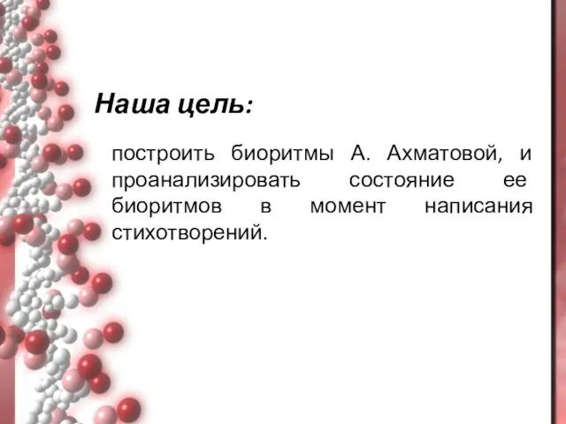 построить биоритмы А. Ахматовой, и проанализировать состояние ее биоритмов в момент написания стихотворений. Наша цель: