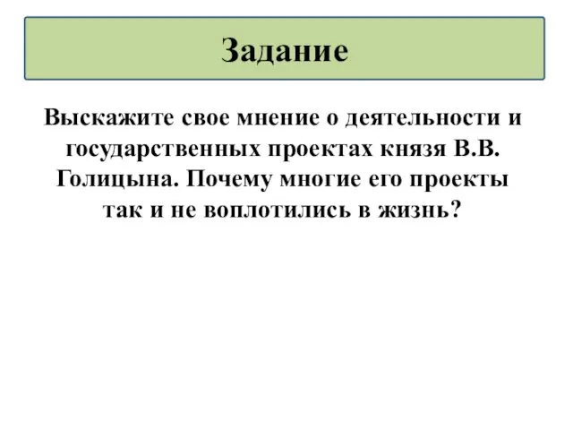 Выскажите свое мнение о деятельности и государственных проектах князя В.В.Голицына.