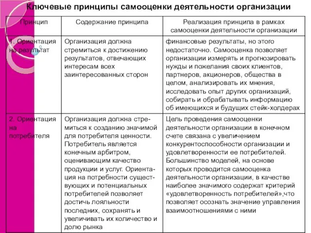 Ключевые принципы самооценки деятельности организации