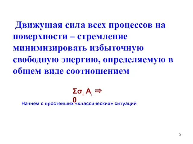 Движущая сила всех процессов на поверхности – стремление минимизировать избыточную