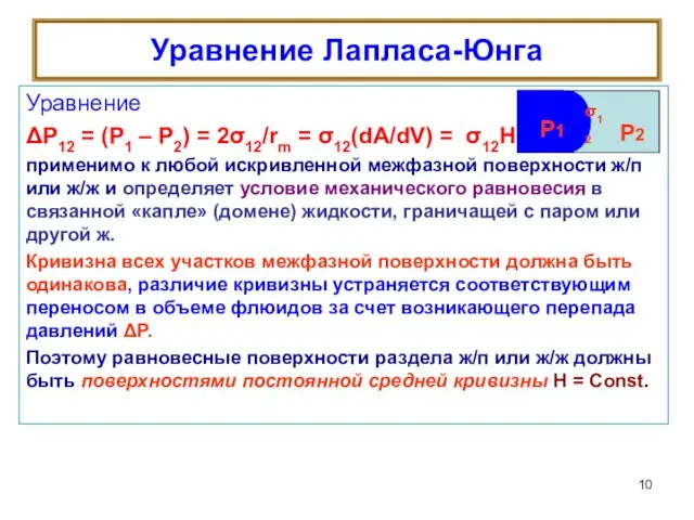 Уравнение Лапласа-Юнга Уравнение ΔР12 = (Р1 – Р2) = 2σ12/rm