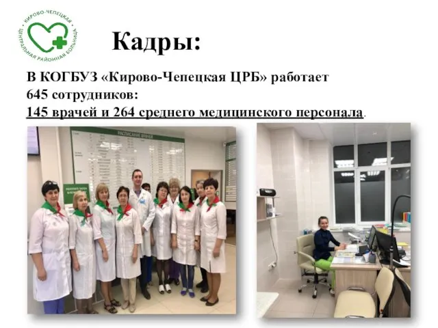 В КОГБУЗ «Кирово-Чепецкая ЦРБ» работает 645 сотрудников: 145 врачей и 264 среднего медицинского персонала. Кадры: